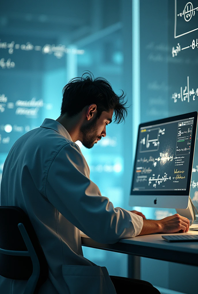 créé une image d’un Doctorant en mathématiques entrain de faire des recherches dans une salle fluide. Dans le dos du Doctorant sur est inscrit des formules en relation les intégrales oscillantes et dans le dos de l’ordinateur du Doctorant est inscrit en grand caractère et bien visible>.