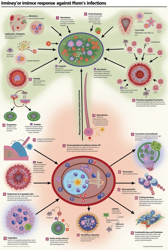 A diagram of the innate and adaptive immune response against fungi, showing cells like macrophages, neutrophils, and T lymphocytes