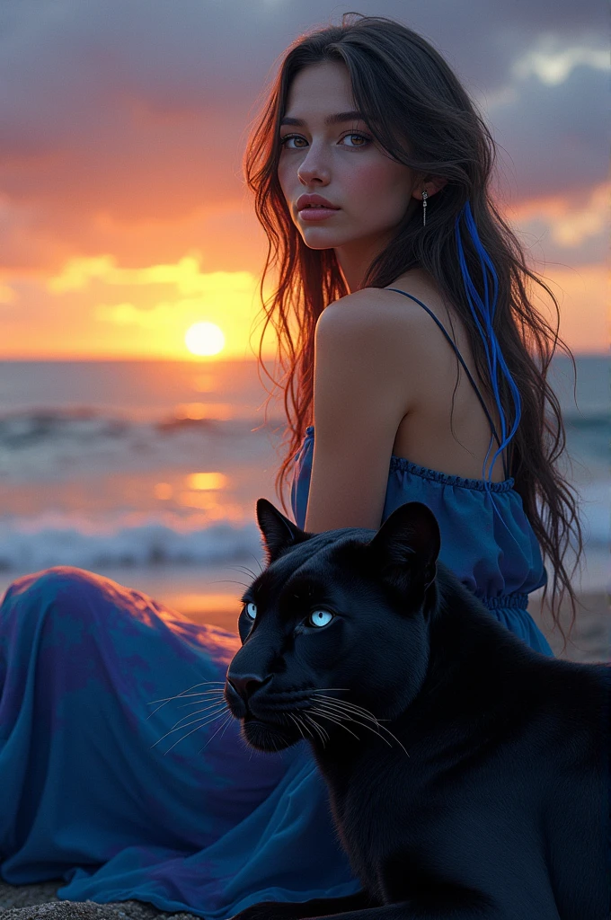 Fille aux yeux marron et vert, aux cheveux marrons avec des mèches bleues, elle a une robe avec la couleur de la nuit tombante, un coucher de soleil sur sa robe. Elle est assise au bord de la mer. Coucher de soleil. On la voit de face et un peu de la mer. Elle a une panthère noire qui est couché d'elle et à les yeux bleus.
