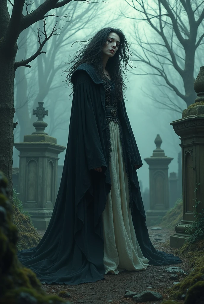 a witch woman with big messy hair wearing a hunchback a long black and WHITE old skirt and a witch cape laughing out loud in the graveyard 