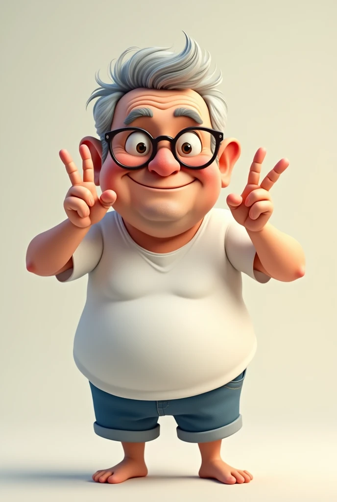 Create an image of a man with a round face, about 5'0" tall, wearing a white shirt and blue shorts. He’s making a finger heart gesture with his hands. He has thick glasses, droopy eyes, and typical dad hair with some gray and white strands.”