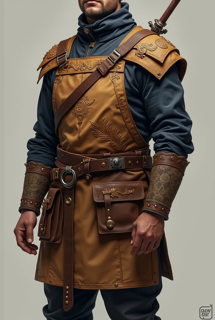 make an apron/ Choir armor so that a character in a role-playing game can store his utensils in it, like squares, levels, compasses and plumes. make the full body image without the character wearing clothes, only the apron 