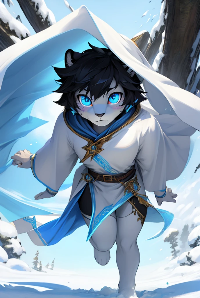 personal, High resolution, Full body image with high detail, high quality, Ultra HD, subjective perspective, snow leopard, boy body shape, Dark black blue very short hair, Ice blue mixed with gold eyes, light blue white fur, White Mage Short Cloak, Dark blue tights,