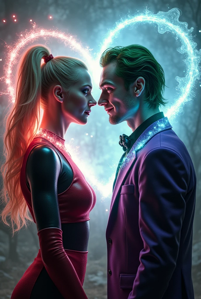 Harley Queen and Joker staring at each other&#39;s aura hearts 