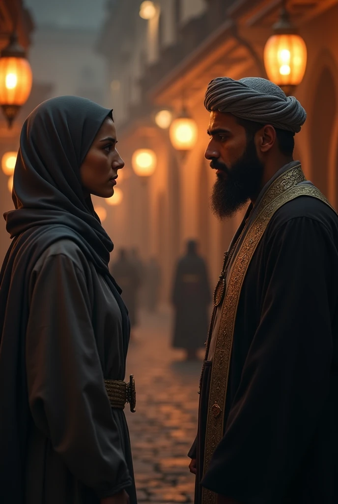A close-up interaction between Hazrat Umar and the young woman. The woman, standing tall, speaks confidently, her expression calm yet firm. Hazrat Umar listens intently, his face reflecting respect and contemplation. The background is the dimly lit street, with the warm glow of lanterns casting a soft light on their faces. The scene captures the gravity of the moment, emphasizing the woman's unwavering strength and the mutual respect in their exchange.
