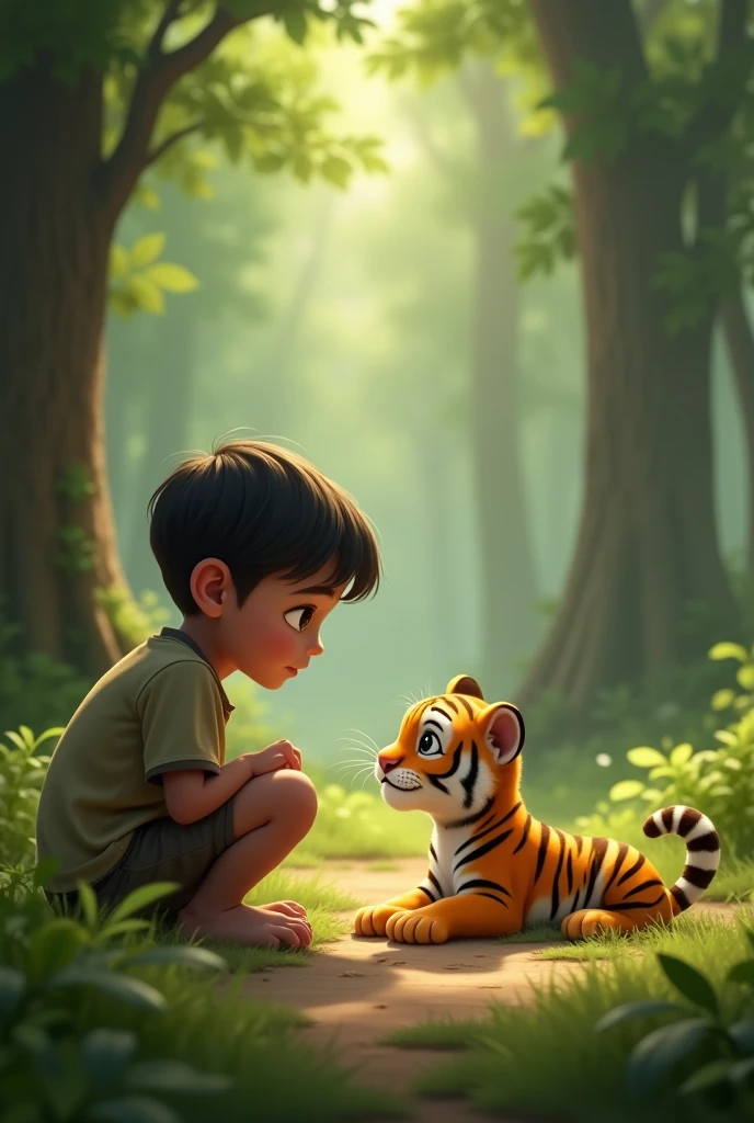 A tiny baby tiger (Raja) lying on the ground, looking up at at littel boy Raju with big, round eyes, in a clearing surrounded by tall trees
