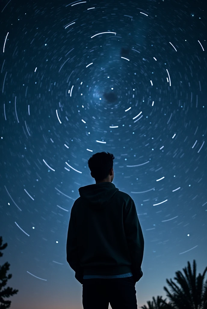 long exposure starry sky with many circular orbits, focus at stars,silhouette of a young man with his hands in her coat pockets looking up at it,golden ratio, wearing Hoodie