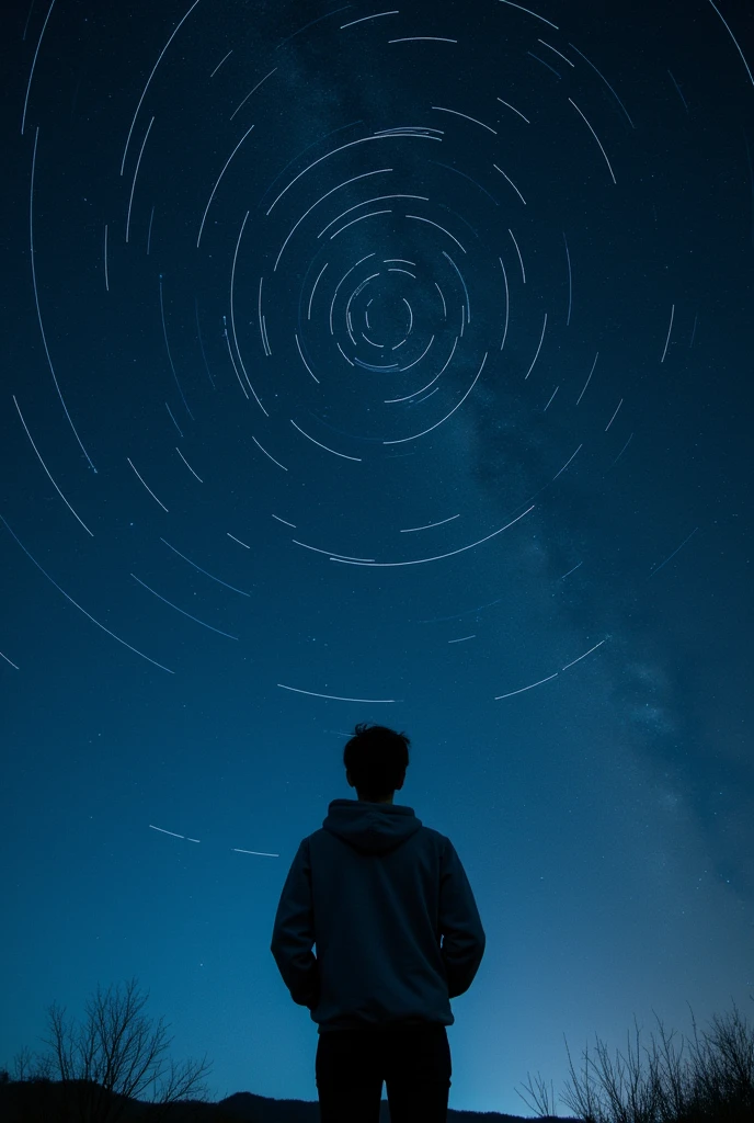 long exposure starry sky with many circular orbits, focus at stars,silhouette of a young man with his hands in her coat pockets looking up at it,golden ratio, wearing Hoodie