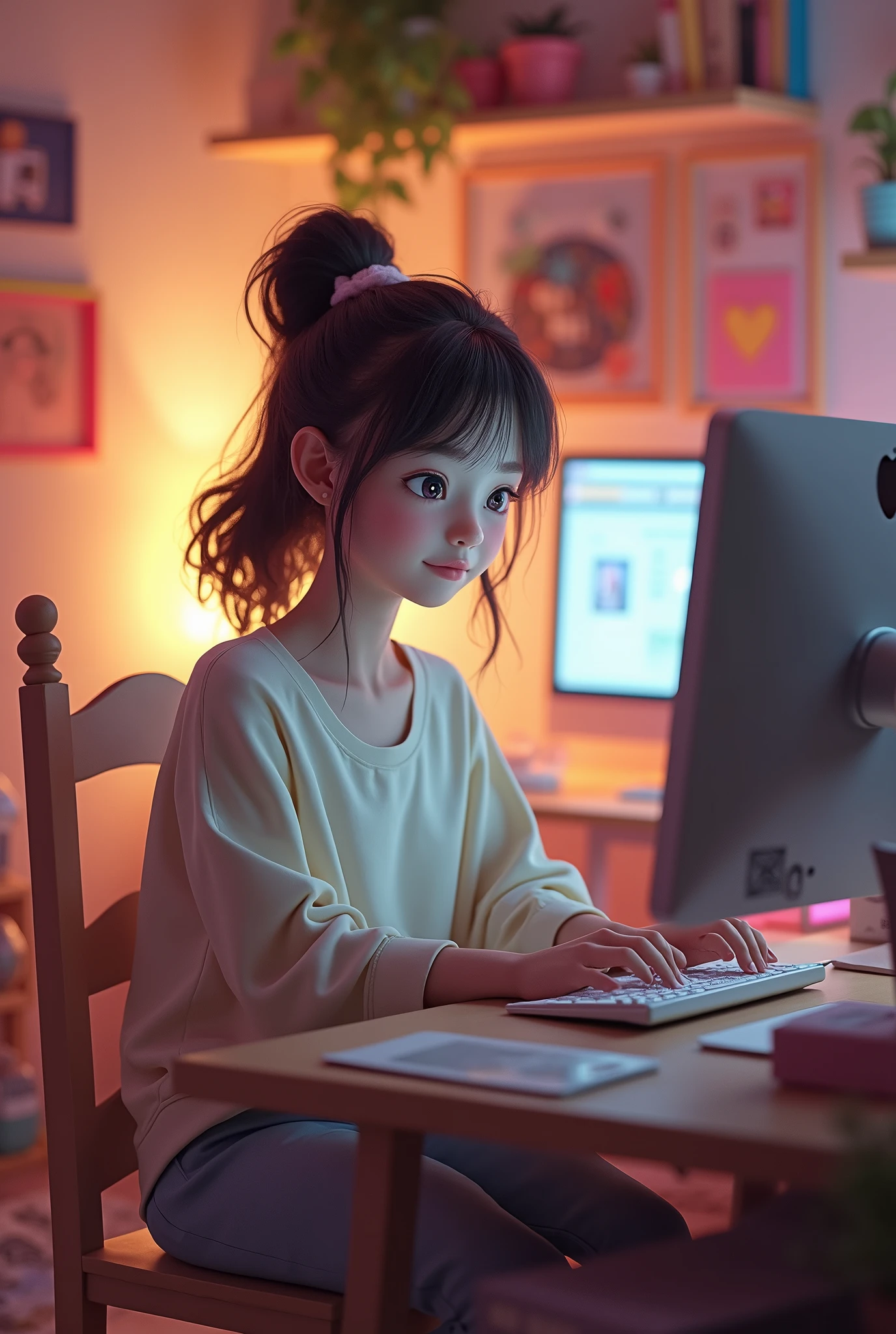 Cute lofi girl in front of his computer in her cozy and messy room, unreal engine 5 render, gorgeous lighting, pastel pink hues, 8k render, realistic scenic render.