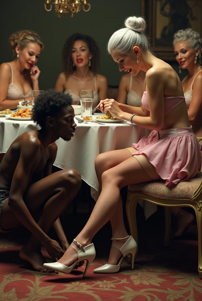 A malnourished, thin and sick black maid cleans the sandals of a wealthy and millionaire woman with her mouth and tongue. the black maid crawls on the floor. The wealthy and millionaire woman, with white skin, silver hair, a luxurious pink miniskirt, fishnet stockings, and white high-heeled sandals, is sitting in front of a table and eating calmly while making fun of the black maid. In the background, English women sitting at the same table laugh and make fun of the maid.