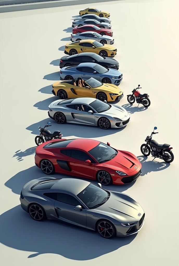 I need an image showing various models of cars, from the simplest to the most luxurious, with two similar motorcycles., horizontally aligned , that all the models can be seen 