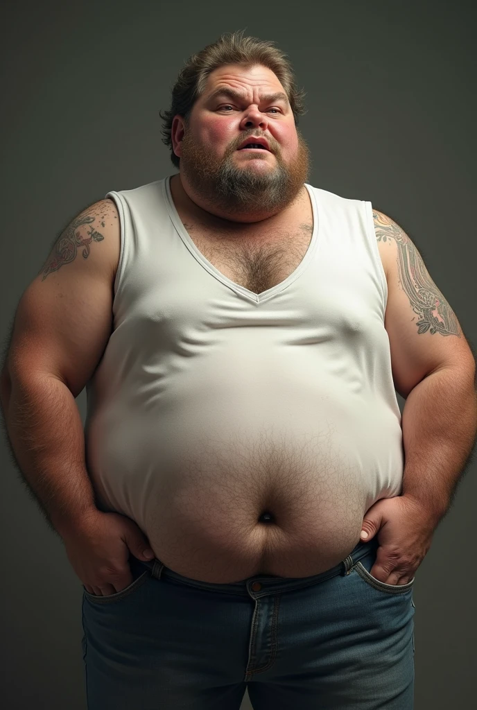 White hairy man, dad body. Hard on on his pants wearing a white tanktop.