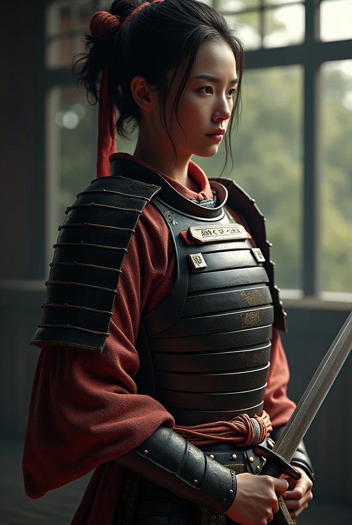 Create an ultra-realistic image of Nakano Takeko, the renowned female samurai who chose the honorable death of seppuku over surrender. Depict her in a powerful and solemn scene that emphasizes her strength and determination. She should be portrayed in the moment of preparing for seppuku, wearing traditional samurai armor with intricate details, including polished metal plates, leather straps, and silk. Her armor should be adorned with elements that signify her rank and bravery.

Show Nakano Takeko in a setting that reflects the gravity of the situation—perhaps a quiet, secluded area with minimal background distractions. She should be depicted with a calm, resolute expression, holding a tanto (short blade) in her hand as she prepares for the ritual. Her hair should be styled traditionally, possibly in an elaborate updo or wrapped in a headband, to reflect her status and dedication.

The background should be subdued, possibly including elements like a traditional Japanese garden or a simple, elegant room, to focus attention on her and the ritual. Use soft, dramatic lighting to highlight the textures of her armor and the solemnity of the moment. Capture the essence of her honorable resolve and the emotional weight of her final act.