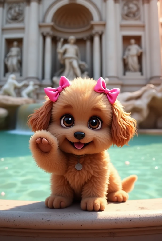 A very cute cockerpoo with pink buns on her ears throwing a coin in the realistic Trevi Fountain