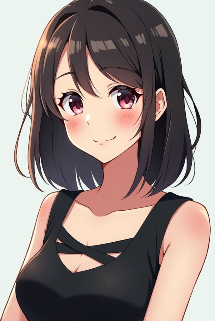 An anime-style depiction of a beautiful Japanese woman in her early 30s with semi-long, shoulder-length hair. She is wearing a sleek black cut-out top and has a warm, cheerful smile on her face. The image is rendered in a vibrant, colorful anime art style, with the focus on her upper body and face. The background is simple, allowing her friendly and approachable expression to stand out. Her eyes are bright, and her posture is relaxed, adding to her inviting and professional appearance.
