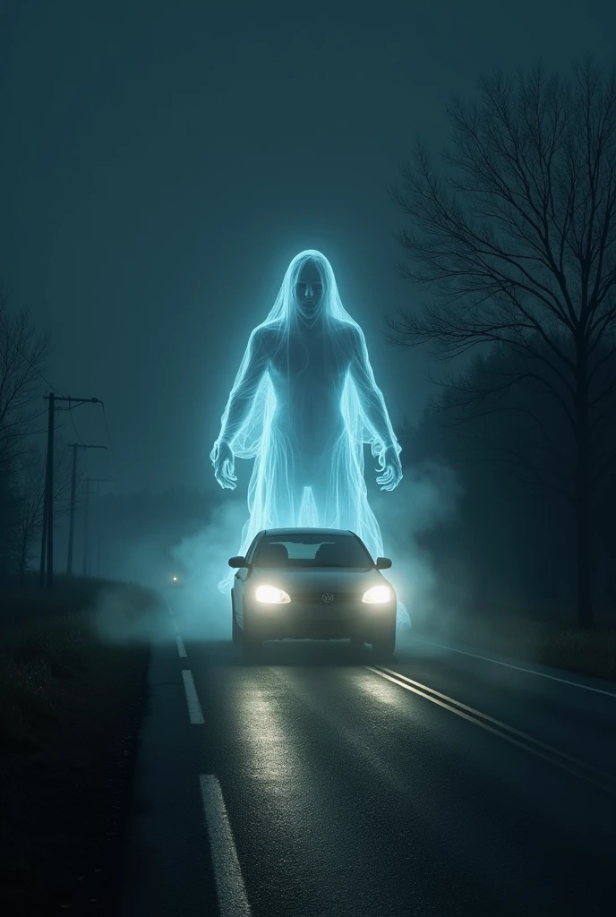 A car driving at night, with a ghostly figure suddenly appearing in front, creating a feeling of fright.