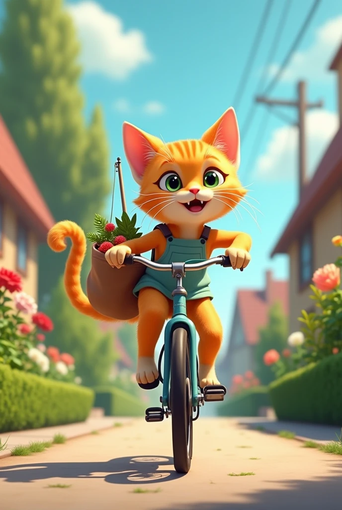 A cat rides a bike after fishing from the supermarket