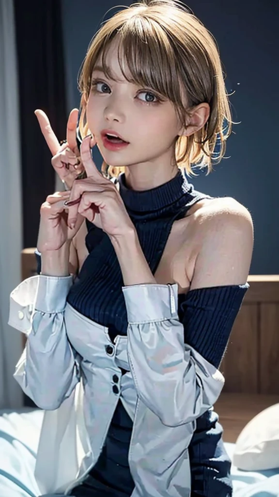 1 Girl、solo、masterpiece,highest quality,High resolution,Very detailed, skinny,Black Choker,Earrings,Big cleavage、Off-the-shoulder tight sweater dress,

 (( Peace sign with both hands)), (Blowjob Gestures:1.5), (((Open your mouth))), Heavy breathing , (aheghentai face), 
Blonde pixie short hair、
Accurate 5-finger、Accurate human body、The perfect human body、((Captivating smile ))、

Boyfriend room、A Guys room、A light-off room at night、indoor、High School Boy's Room、Detailed Background、

((Dim lighting:1.8, Blue lighting:1.5,  light OFF:1.5))