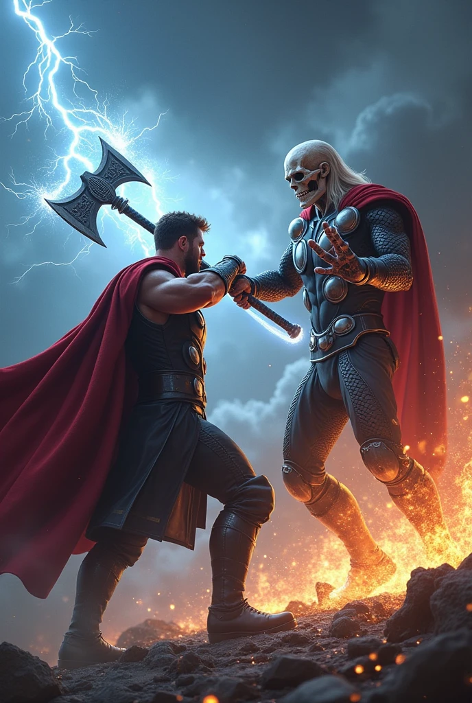 Thor attacking with stormbreaker on ghost rider