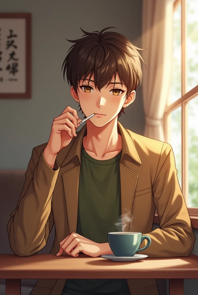 Anime cute guy short brown haircut brown eyes light tan skin smoking cigarette coffee on the table wearing an olive green shirt and a cool brown jacket