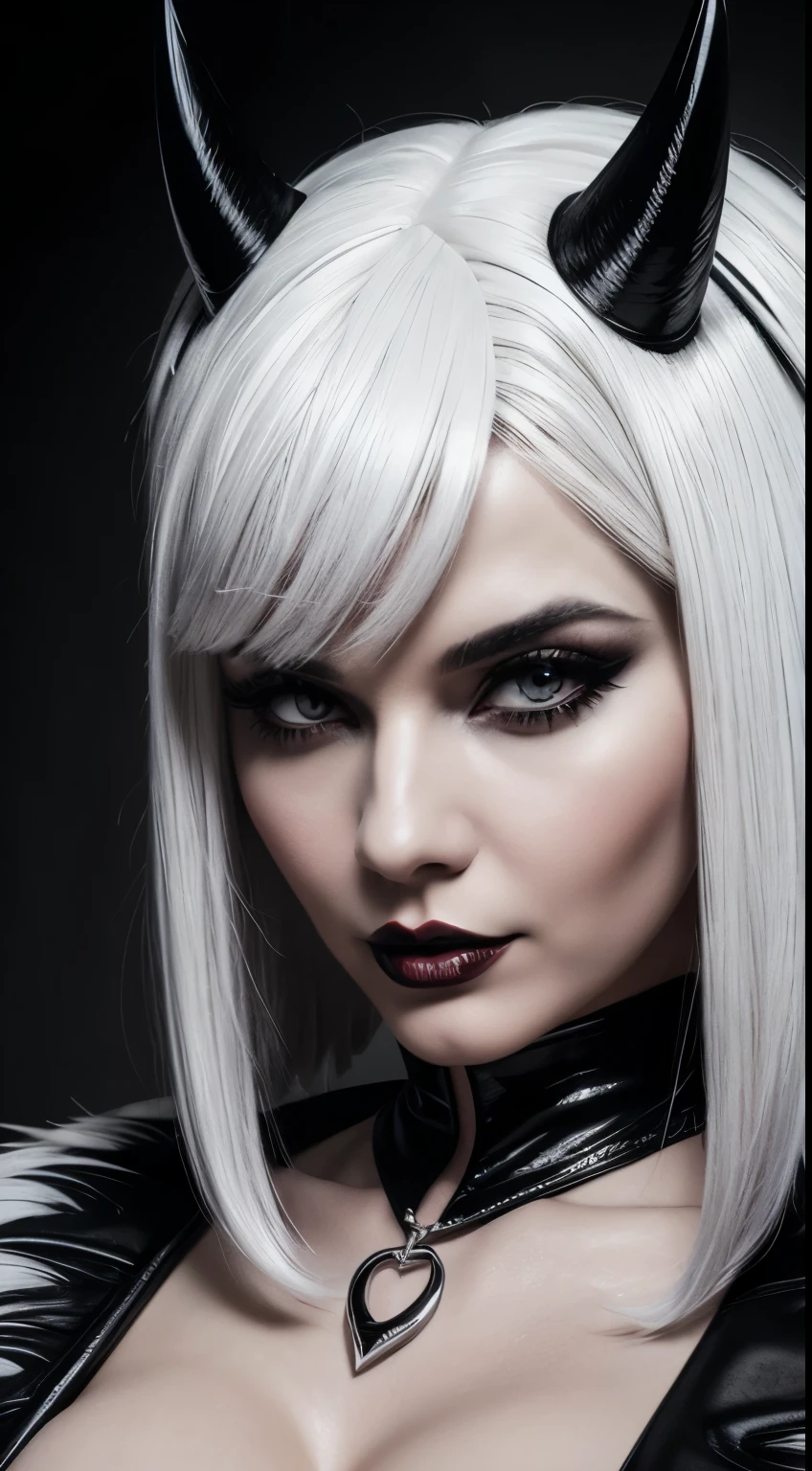 a woman with white hair and black and white wig, photo inspired by Edo Murtić, tumblr, pop surrealism, black hair and white bangs, black and white hair, cruella devil, cleavage, photorealistic, high quality, masterpiece, detailed, sharp focus, vibrant colors, dramatic lighting