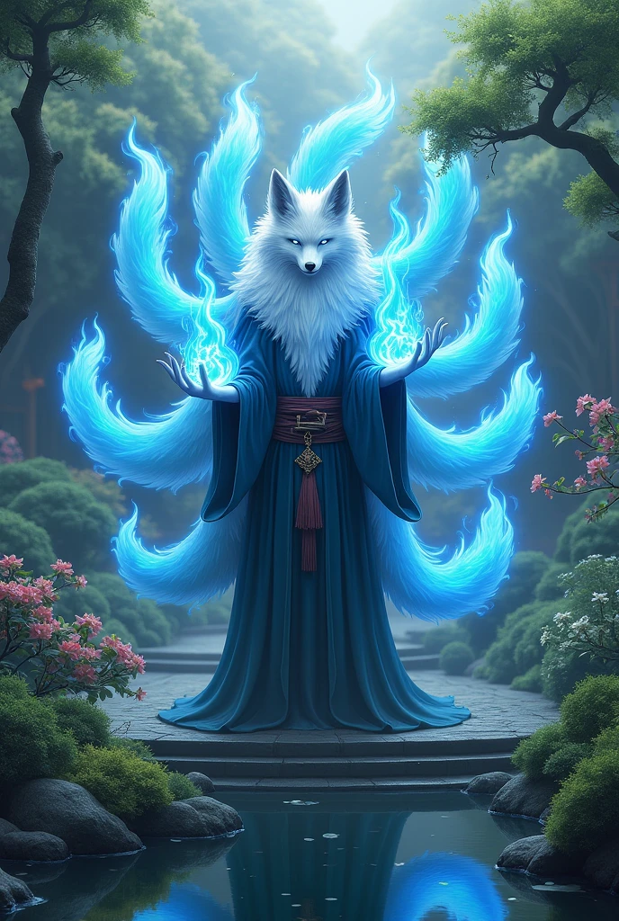 Nine-tailed fox yokai man in a garden with blue flames in his hands