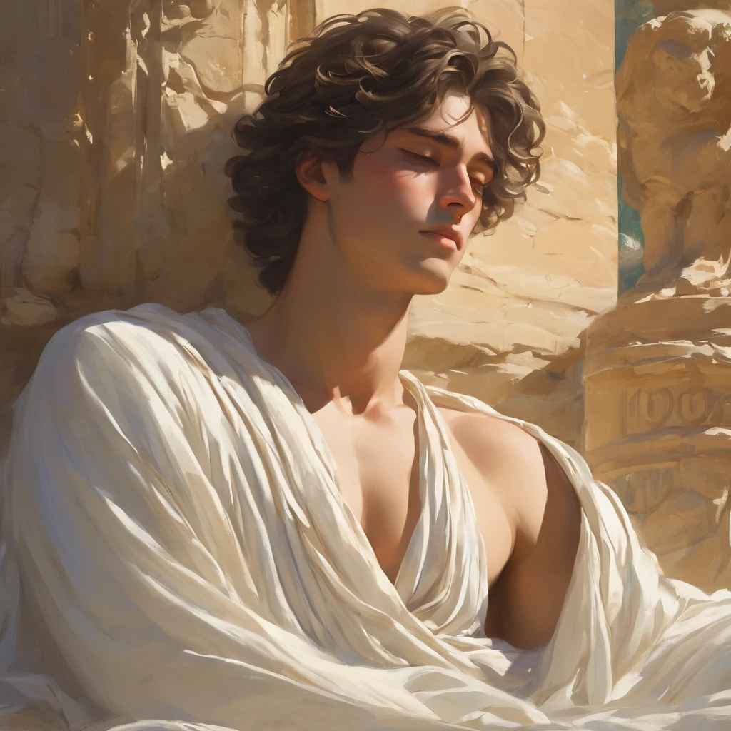 Create a detailed digital painting of a young man lying down in a relaxed, almost languid pose, with his head tilted back slightly, eyes half-closed, and lips slightly parted. His hair is tousled, falling softly over his forehead. The man is dressed in traditional ancient Greek attire, wearing a simple, flowing white chiton made of fine, lightweight fabric. The chiton drapes loosely over his body, leaving his chest partially exposed, with the fabric gathered and clutched gent