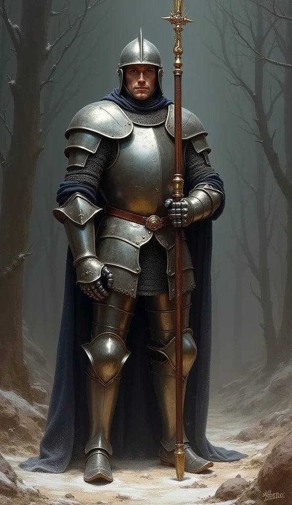A noble French knight in 1386, called Jean de Carrouges, adorned in gleaming iron medieval armor and wielding a lance, preparing for his last duel with an enemy, he stands as a beacon of hope and courage, john singer sargent, thick brushtokes, fantasy painting , dark, glooming, forecast, grey hue, after rain, some snow and dirt on the ground