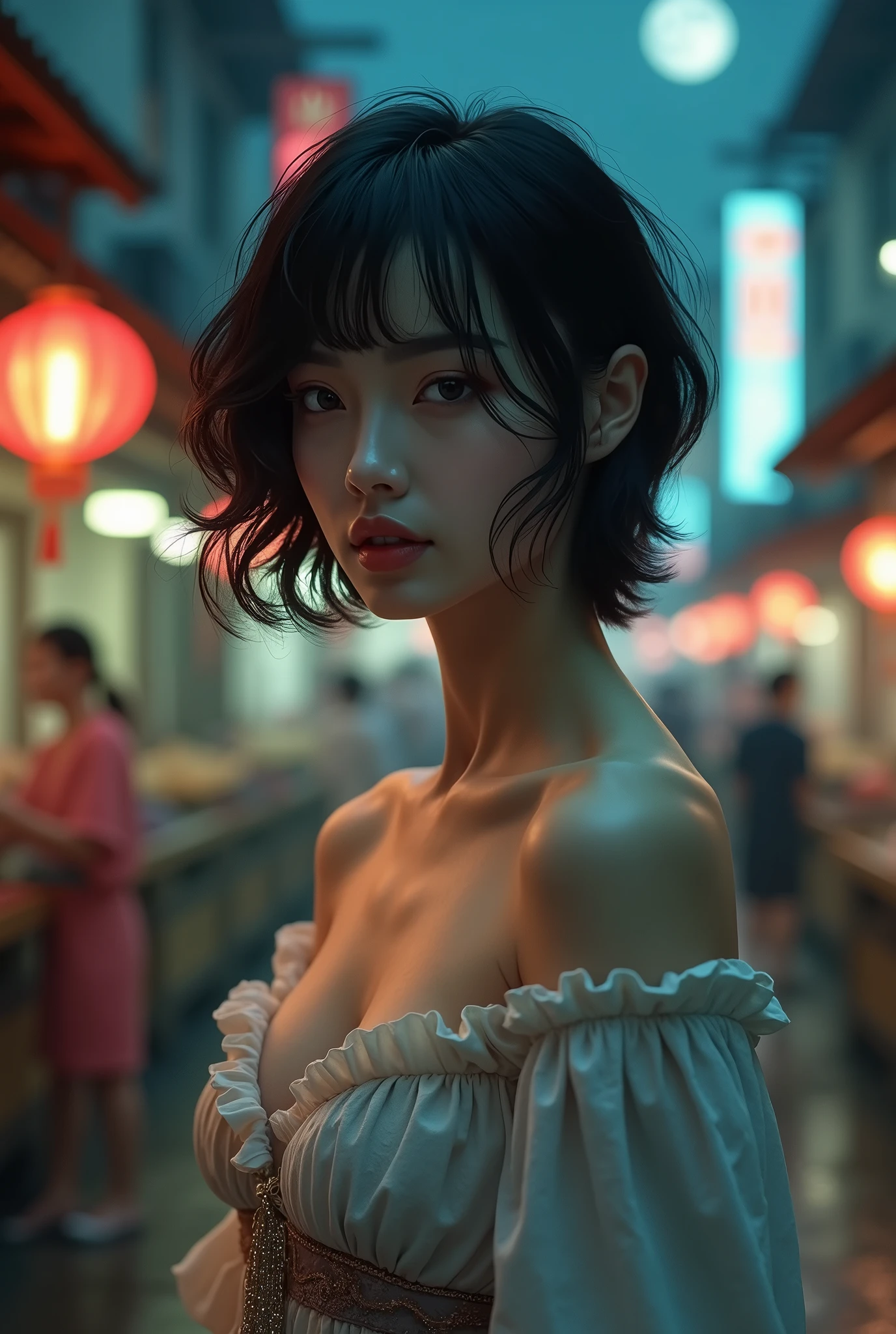 masterpiece, best quality, miranda, (halfbody shot,street lamps,moon),Masterpiece, 1girl, solo exhibition, beautiful woman on the bustling street, surrounded by hawkers, beautiful goddess girl portrait, beautiful and detailed face, porcelain skin, (((bust shot, center, night, black hair, short hair)), super soft lighting, symmetry, complexity, elegance, high detail, realism, art, concept art,