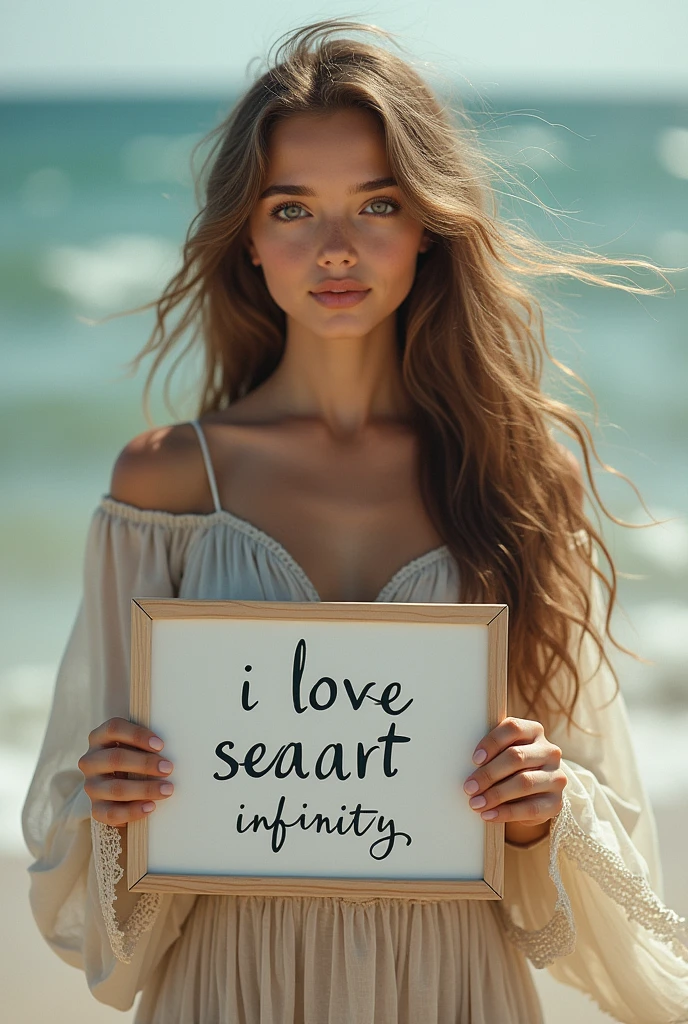 Beautiful girl with wavy long hair, bohemian dress, holding a white board with text "I Love Seaart Infinity" and showing it to the viewer