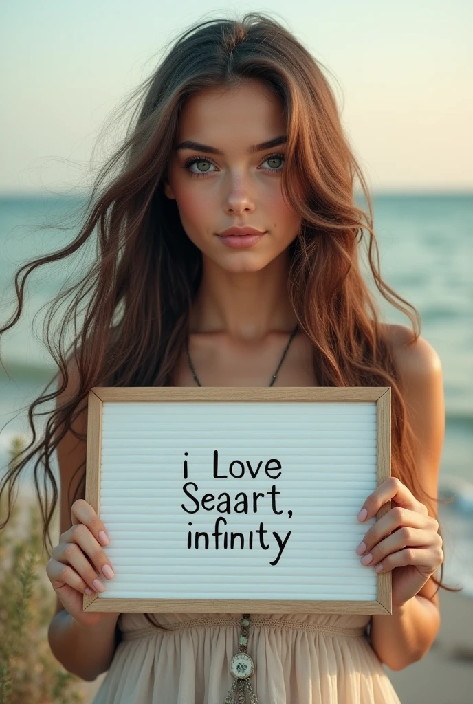 Beautiful girl with wavy long hair, bohemian dress, holding a white board with text "I Love Seaart Infinity" and showing it to the viewer