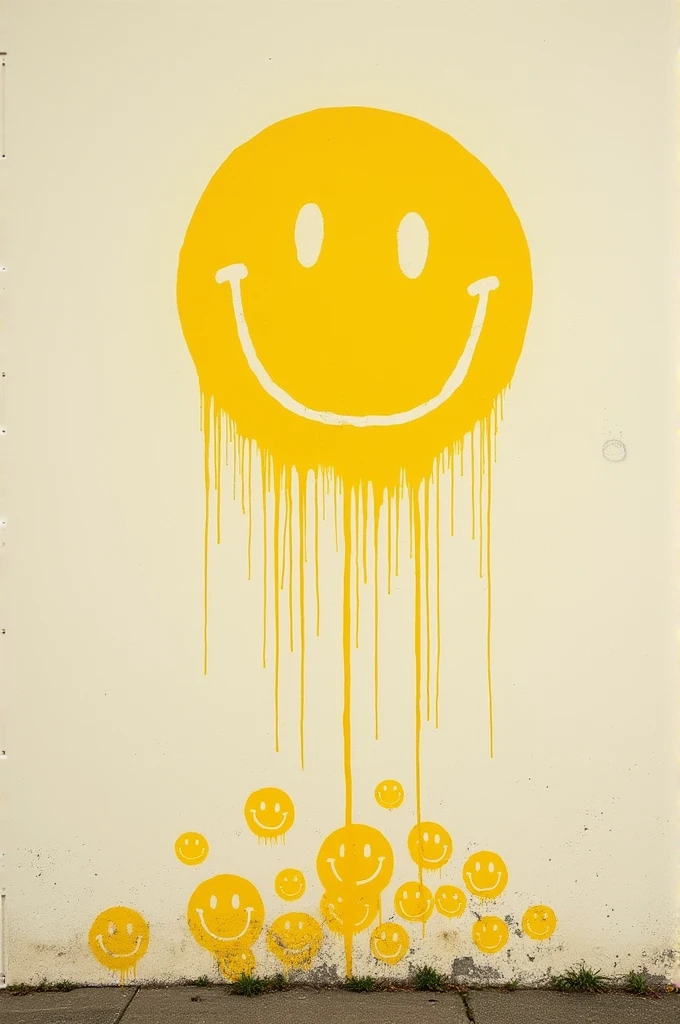 A smiley consisting of only two lines and a mouth without a border and without a circle in between. On a wall and underneath it should be smileys It should be real Zangra in yellow and the color should run down a bit, that you recognize, that it was sprayed on