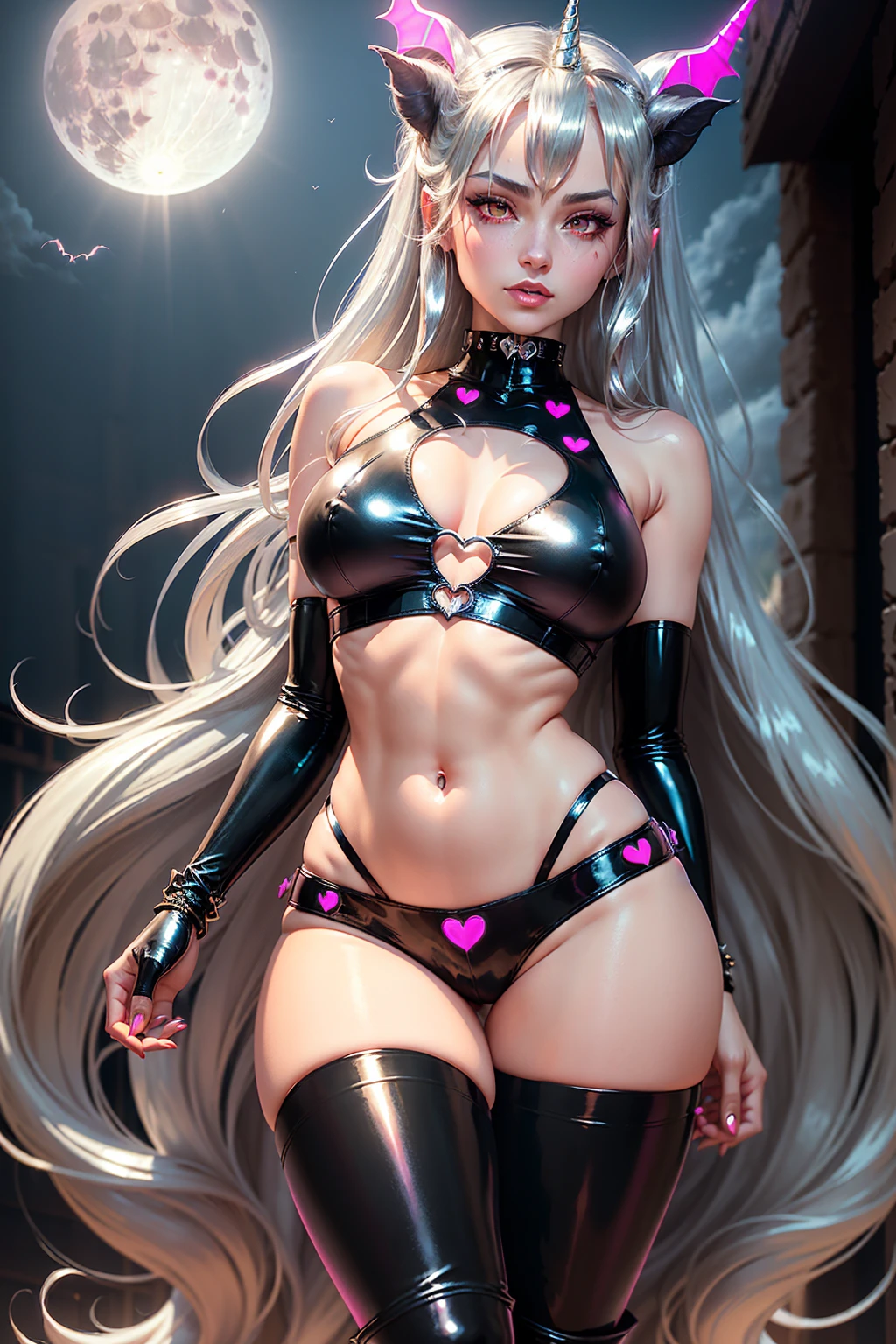 (best qualityer, 4K, 8k, high resolution, work of art:1.2), ultra detali, face detailed, Detailed lips and eyes, anime styling, break Tanin-the-succubus beautiful caucasian woman with straight long (silver hair:1.5), (Eyes red:1.3), attractive appearance, face detailed, Detailed lips and eyes, goat horns, expressive face, voluptuous, bangss, hair between the eyes, break (black and shock pink theme:1.4), (sexy succubus cosplay costume with pubic tattoo:1.2), (sleeveless black latex high neck crop top with heart shaped cut keyhole:1.4), ((bared shoulders, bare arms, coxas nuas):1.3), (black latex micro shorts with low waist:1.3), (shock pink grommet belt:1.3), (black tight latex long sleeve:1.3), ((fusion of black high platform pumps and knee high boots) with jump:1.2), (shock pink devil horns has bioluminescence glow LED-light on temporal region:1.3), (big bat wings for cosplay:1.4), (Black Wings:1), (shock pink (heart shaped, Heart symbol) bioluminescence glow LED light in stomach:1.4), (black bracelets for prisoners:1.2), break detailed perfect fingers, detailed perfect hands, detailed perfect face, intense blush, (standing alone:1.2), (lust), ((( :3 ))), pretentious smile, slutty, break (fullmoon:1.4), Subtle shadows adding depth and dimension to the image. [: Immerse yourself in the ethereal dance of a (((mythical unicorn))), leaping gracefully as the captivating mystique of dawn unfolds in an ancient enchanted forest, illuminated by the soft ethereal light of the moon. Convey ephemeral wonder in a digital painting inspired by Remedios Varo, creating a surreal fantasy realm. :7]