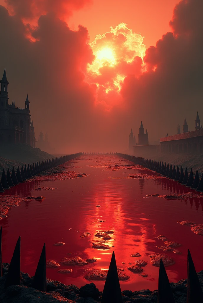 Create an image of a pool filled with blood and the edges with spikes and the sky on fire
