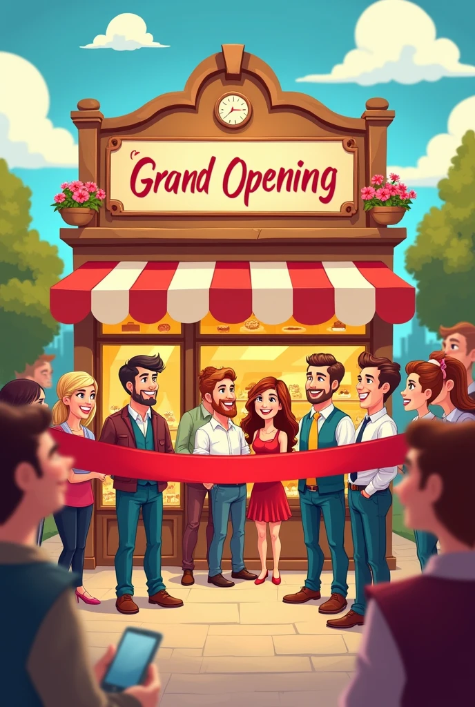 Generates a cartoon-like image of a bakery opening with a red ribbon being cut
