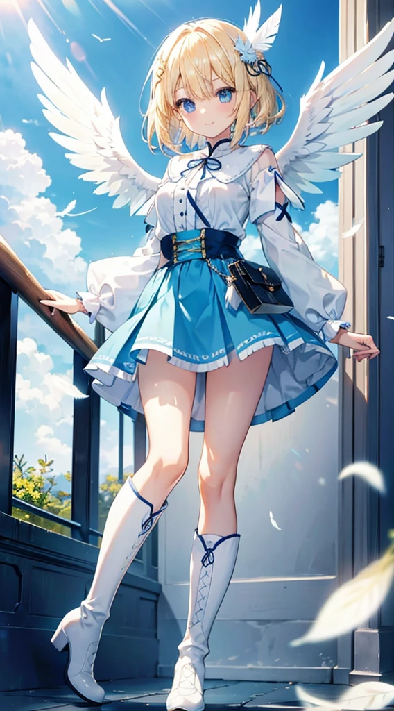 Blonde hair and blue eyes Light blue clothes skirt Feather hair ornament bright smile Wings are growing White boots slender Girl cute
