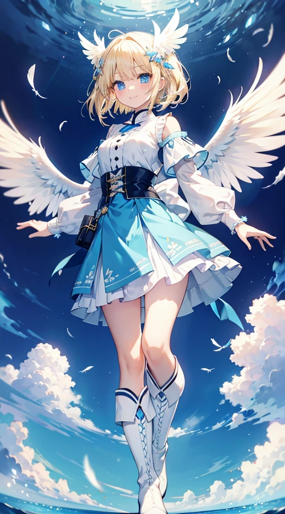 Blonde hair and blue eyes Light blue clothes skirt Feather hair ornament bright smile Wings are growing White boots slender Girl cute