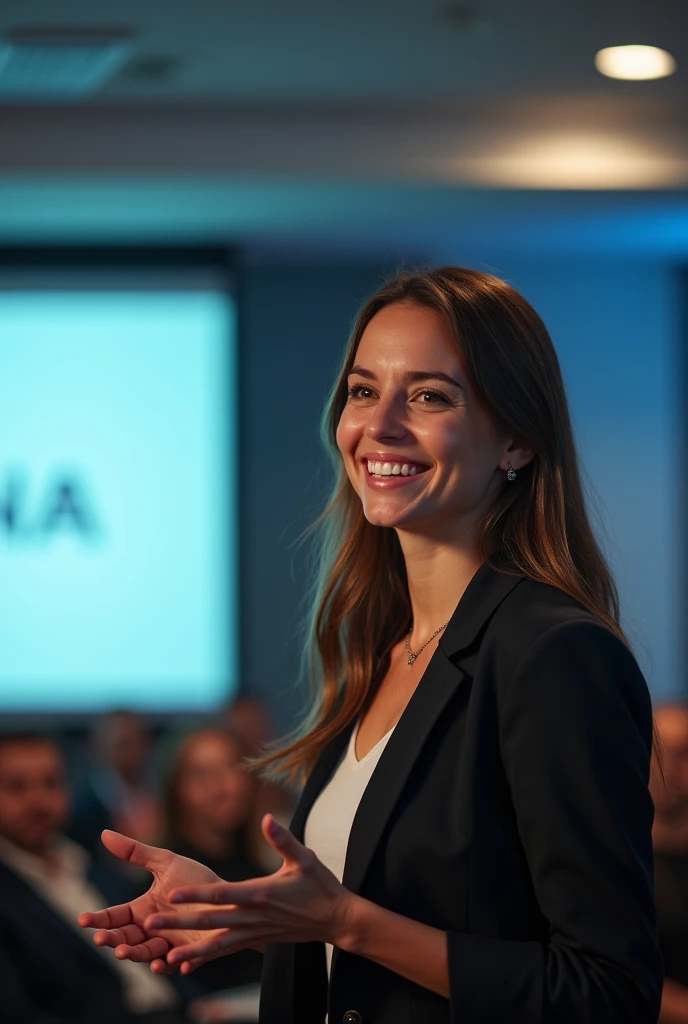 Ultra-realistic 4k image of an attractive woman with a penetrating gaze giving a talk, happy, with a background of a projection that reads “RHP for S/4HANA” blurred by the focus of the image, which will be focused on women