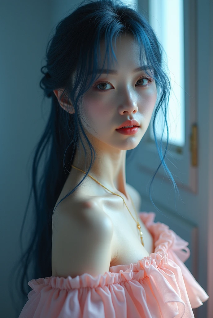 Pale Korean model woman, angelic face, long blue hair, soft pink dress with ruffle, long gold bracelet, music video style scene, closeup, intense cinematic lighting
