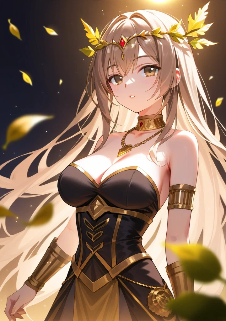 (close up) (adult woman:1.4) (nude:1.1) (topless:1.3) (elaborate beautiful dress falling off:1.1) (from above) (squatting:1.2) (golden halo) black choker, night, dark cozy bedroom, mood lighting, on bed, Absurd, Perfect Anatomy, performance, Good lighting, Shadows in the movies, large breasts, large butt, thin waist, Long HAIR, light brown HAIR, (loving look:1.4), original HAIR style, Dynamic Angle, (detailed face:1.3) (dynamic lighting:1.5) (gold leaf bracer on arms) (elaborate gold necklace) (gold leaf face piece)