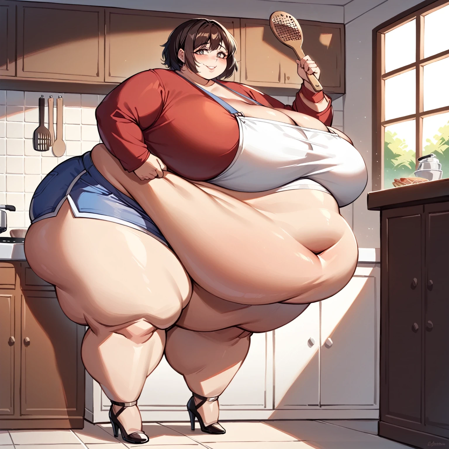 masterpiece, best quality, super detail, 4k, 1girl, milf, (female ssbbw, casual outfit:1.1), bbw, gigantic breasts, high heels, extremely wide hips:2.0, massive thighs:2.0, massive calves, massive belly, yandere expression, aroused, (getting turned on, in kitchen, approacing viewer, holding a paddle, eyes open, Large boyshorts, boyshorts clearly visible, facing me, eyes very well defined (high priority), pupils very well defined(High priority)),(Face close to viewpoint) , Image in anime style, add detail, high detail pupils, eyes wide