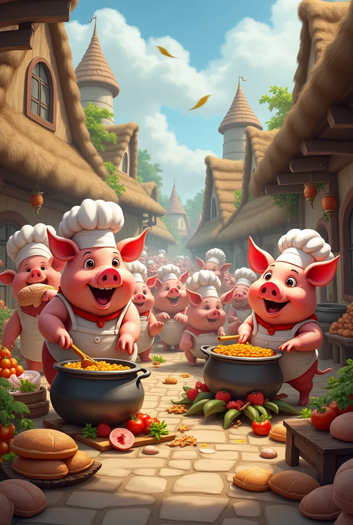 Many pigs in the village are cooking.