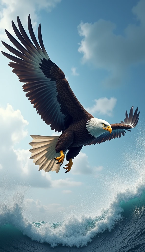 Ultrarealistic 8k Image,"An eagle flying against strong winds, with feathers being stirred by the force of the wind. The sky in the background is clear, but there are scattered clouds indicating climate change. The eagle has its wings open, standing firm and moving forward, despite the resistance. The wind can be visualized in subtle waves around the eagle, showing his struggle and determination to continue his flight."