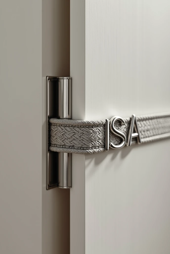 A detail image of a 35mm stainless steel cup hinge on a custom furniture door with a braiding of the name Brisa on the hinge, the letter has to be modern and minimalist