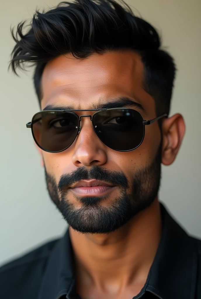 A handsome indian man with thin beard and shades on