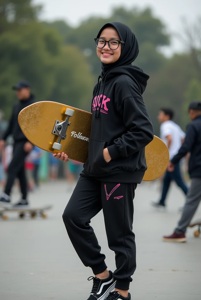 Original photo. smiling face of young Indonesian woman 185cm tall wearing glasses. wearing a sharia hijab. wearing a black hoodie with pink motifs. it says "NELTA CIABENK" jogger pants. Vans sneakers, holding a gold skateboard on the back that says "10K FOLLOWERS" is an American skate board ride. lots of skaters playing. Realistic photography, very realistic