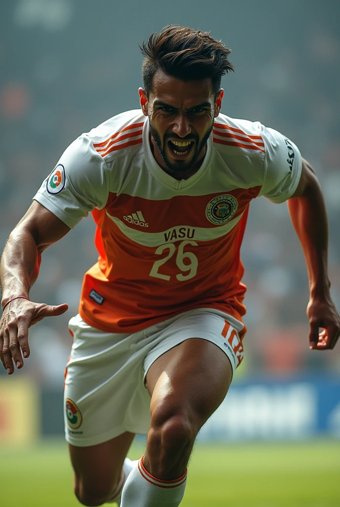 A indian football player wear indian football team jersey which name is vasu with masculine body angry face and jersey no. 29
Way on goal