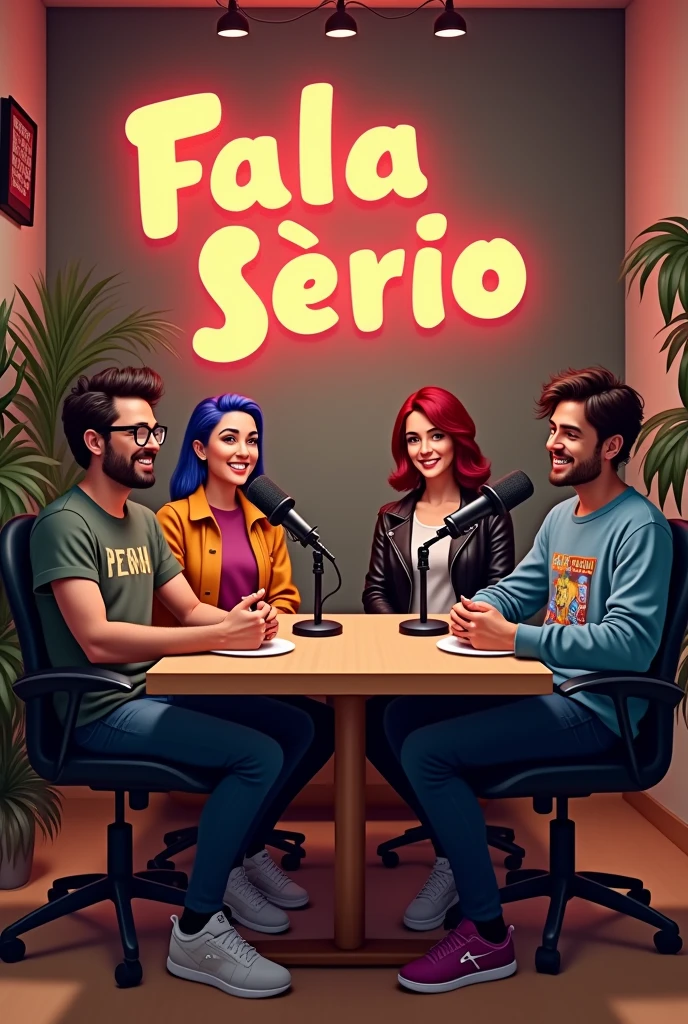 The background could have the name of the podcast “fala serious” in Portuguese in fun typography. Comfortable, modern furniture like a light wood table and black chair with lilac accents add personality. Warm lighting with subtle LED lights creates a welcoming atmosphere. Plants, images with funny phrases and high-quality microphones complement the look, reflecting the light and humorous tone of the program. man Thick-rimmed glasses, t-shirts printed with geek references, and a casual style, with sneakers and jeans. redhead blue eyes woman Short, dyed hair in a vibrant tone (like blue), casual style with leather jackets and funky accessories. light brown eyes woman with long black hair, colorful and modern style, with printed blouses and delicate accessories. green eyes man Messy hair, comfortable clothes, such as sweatshirts, always with a relaxed look. black skin color.