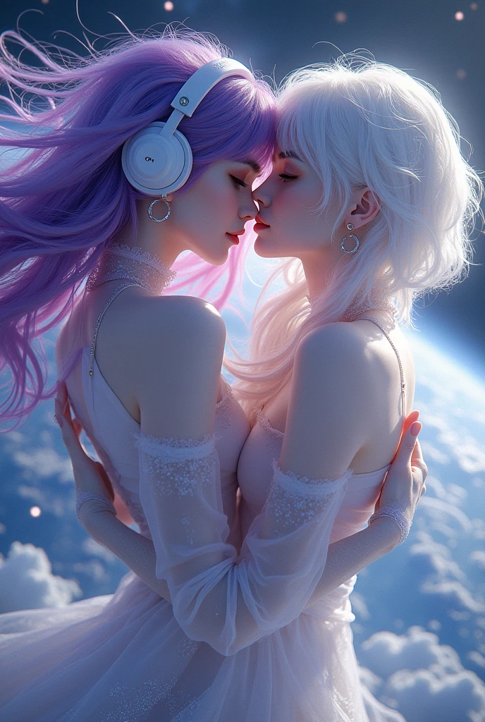 Korean purple hair butterfly woman with headphone and transparent cosmic dust outfit and/ white hair white woman flying over satellites in space galaxy friends two women together and satellites perfect face 