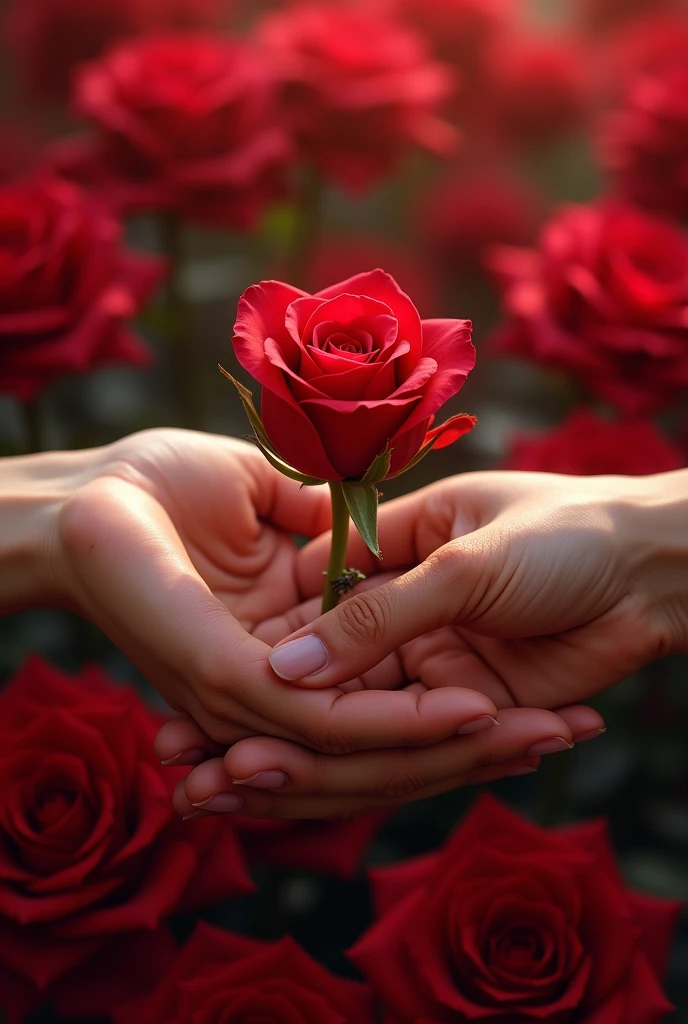 A hand extends a red rose, while another hand receives it gently. The background of the image is full of red roses, creating an atmosphere of romance and beauty.